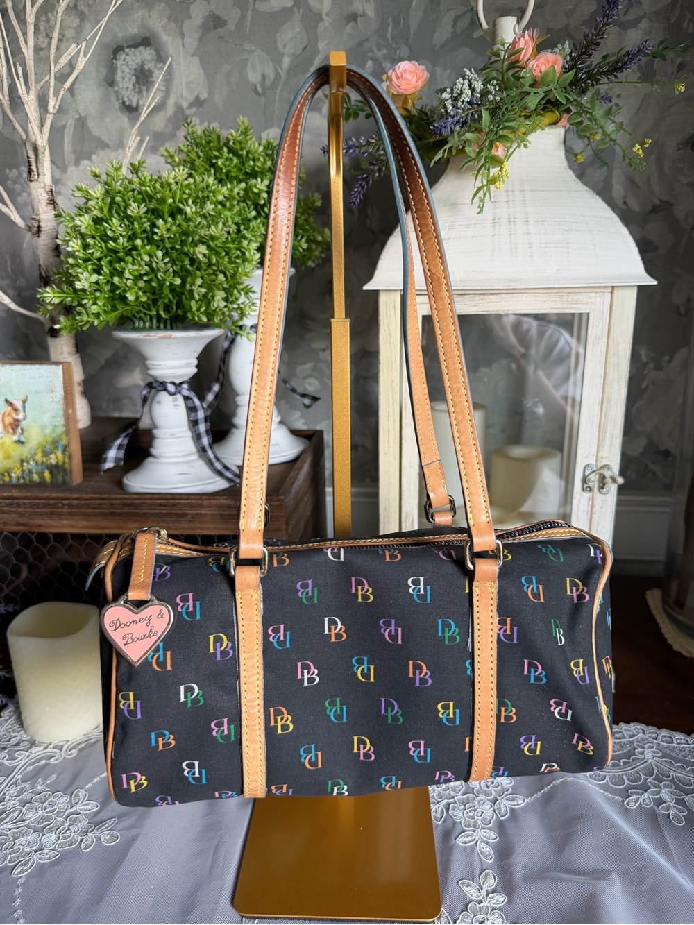 Y2K Dooney & Bourke Black Multicolor DB Logo Barrel Bag Purse Tan Leather Trim